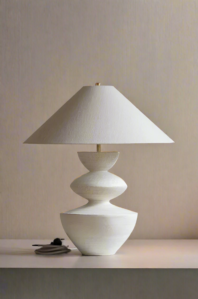 Modern White Polish Sculpted Wooden Table Lamp with Minimalist Linen Shade