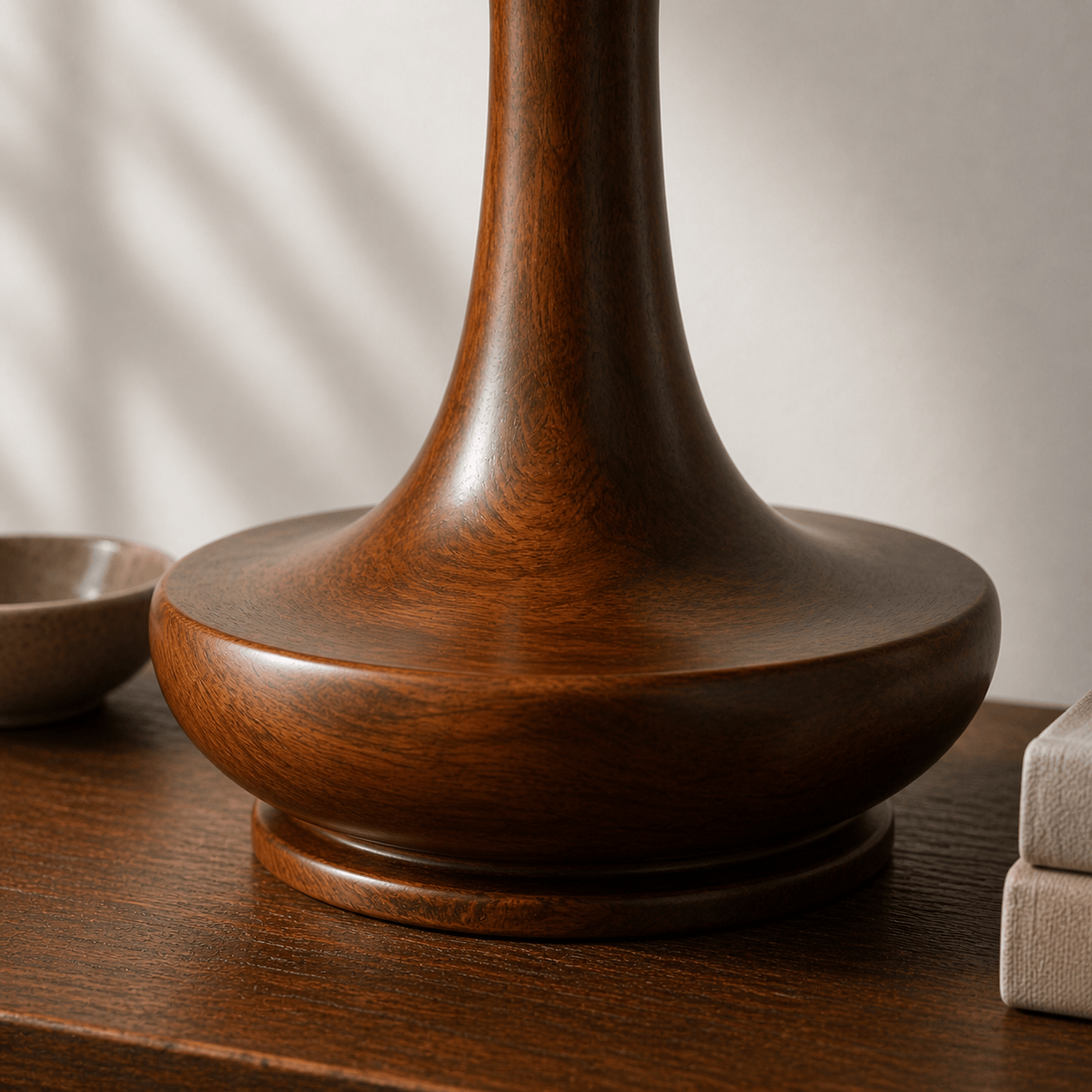 Artisan contour wooden table lamp side view — natural grain solid wood table lamp Lahore