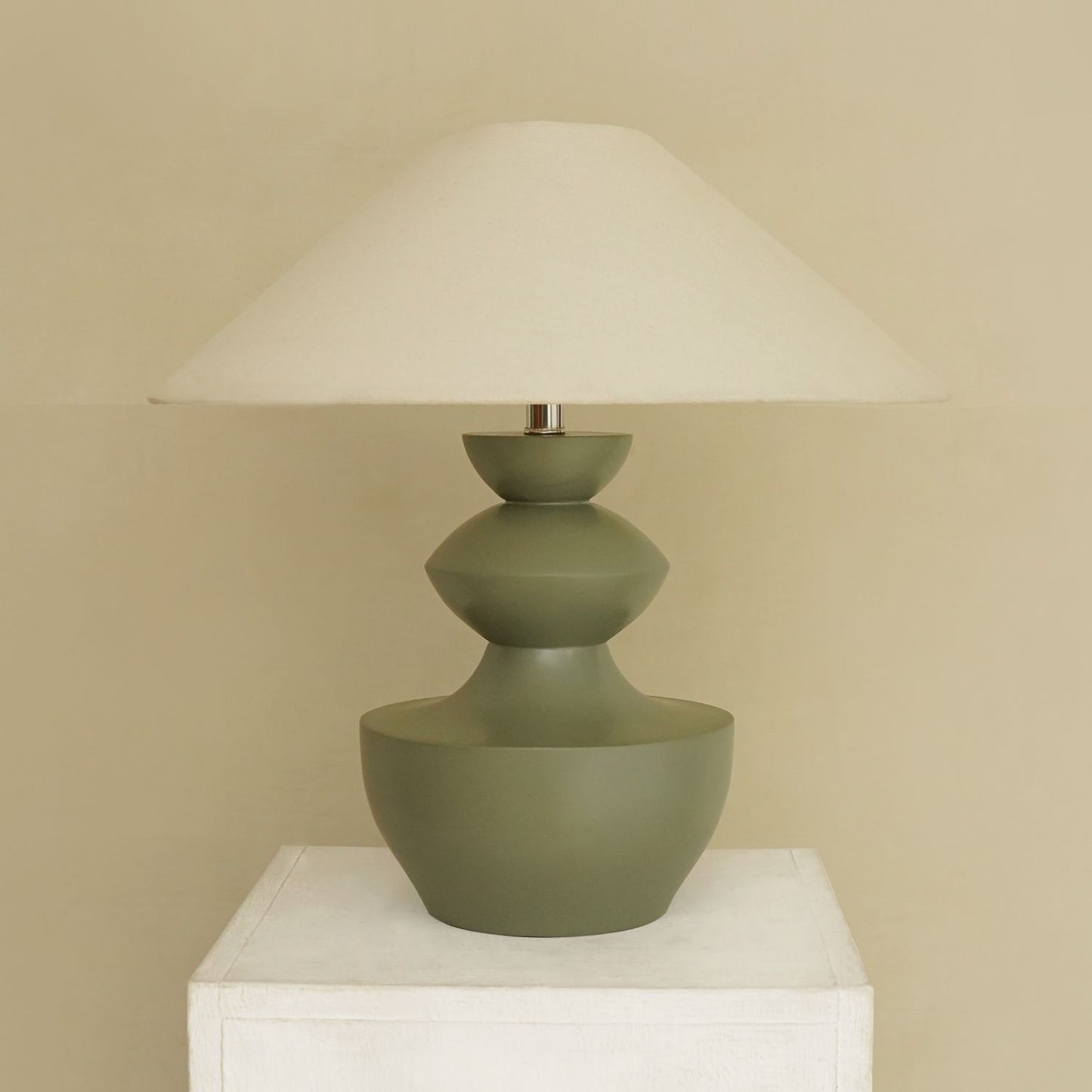 Modern Sage Green Polish Sculpted Wooden Table Lamp with Minimalist Linen Shade