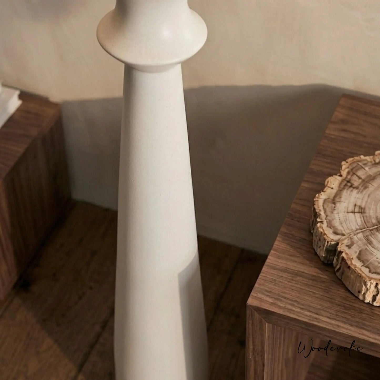 Nordic tapered wooden floor lamp side view — premium solid wood standing lamp Wood Evoke Lahore