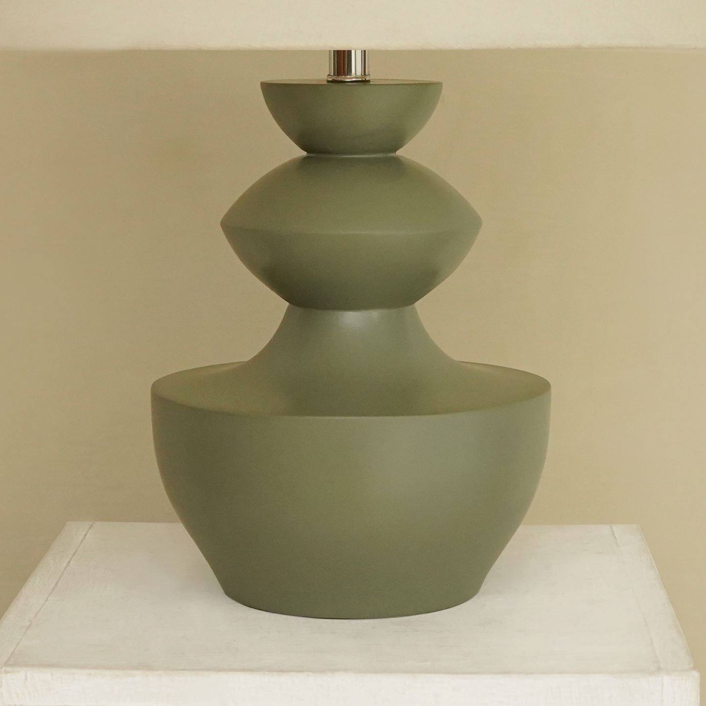 Modern Sage Green Polish Sculpted Wooden Table Lamp with Minimalist Linen Shade