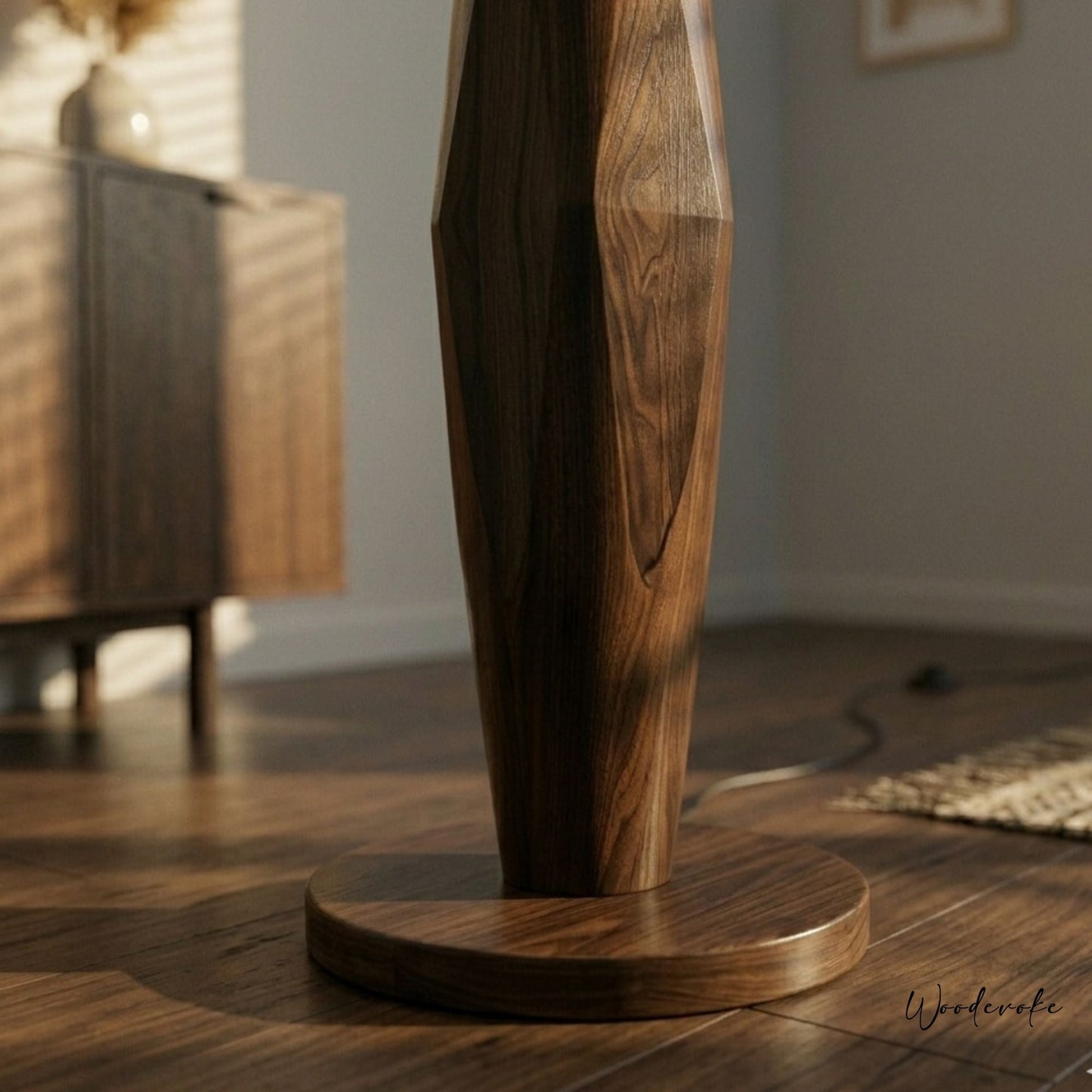 Faceted wooden floor lamp side view — handcrafted solid natural wood floor lamp Lahore