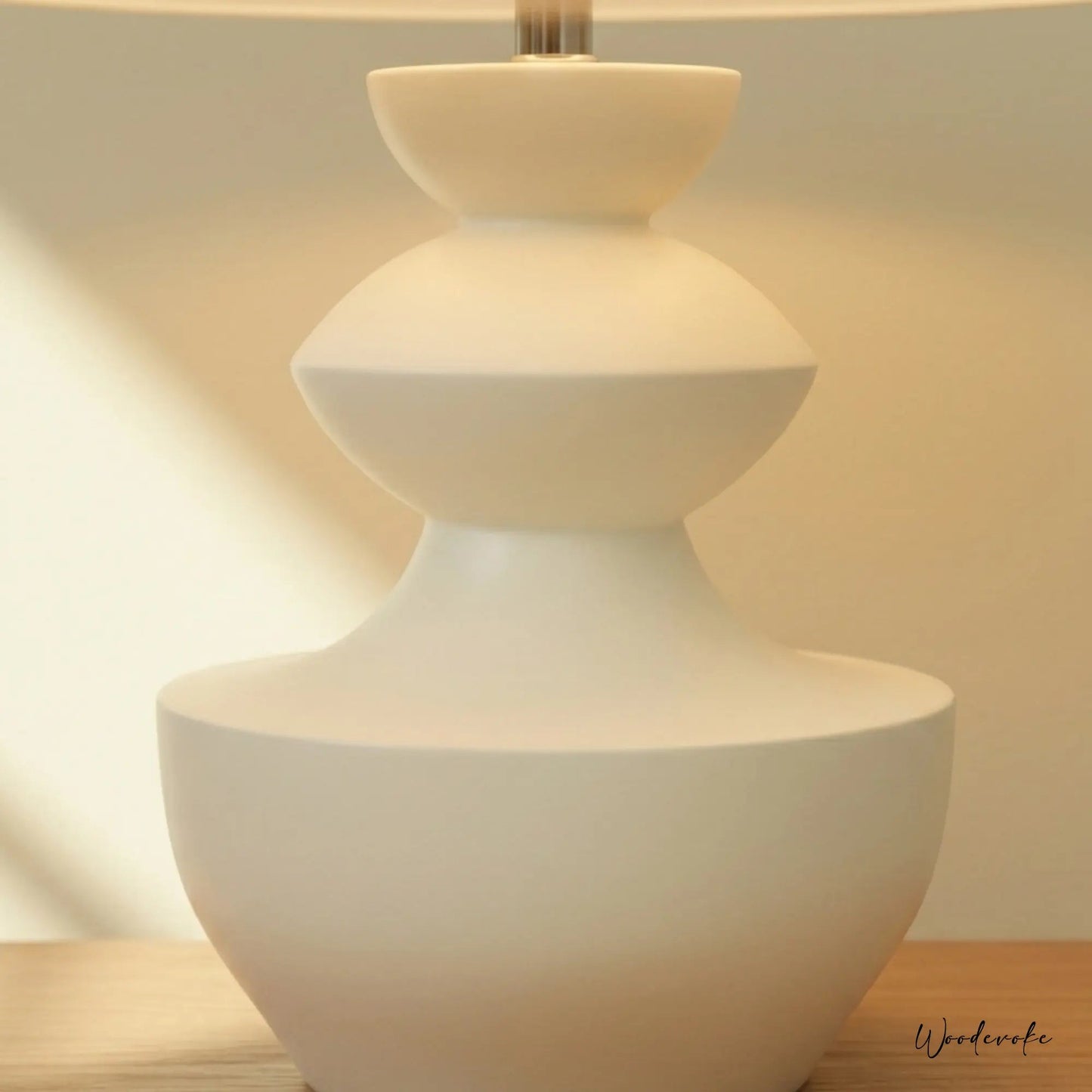 White polish wooden table lamp close up — solid natural wood lamp with off white linen shade Wood Evoke