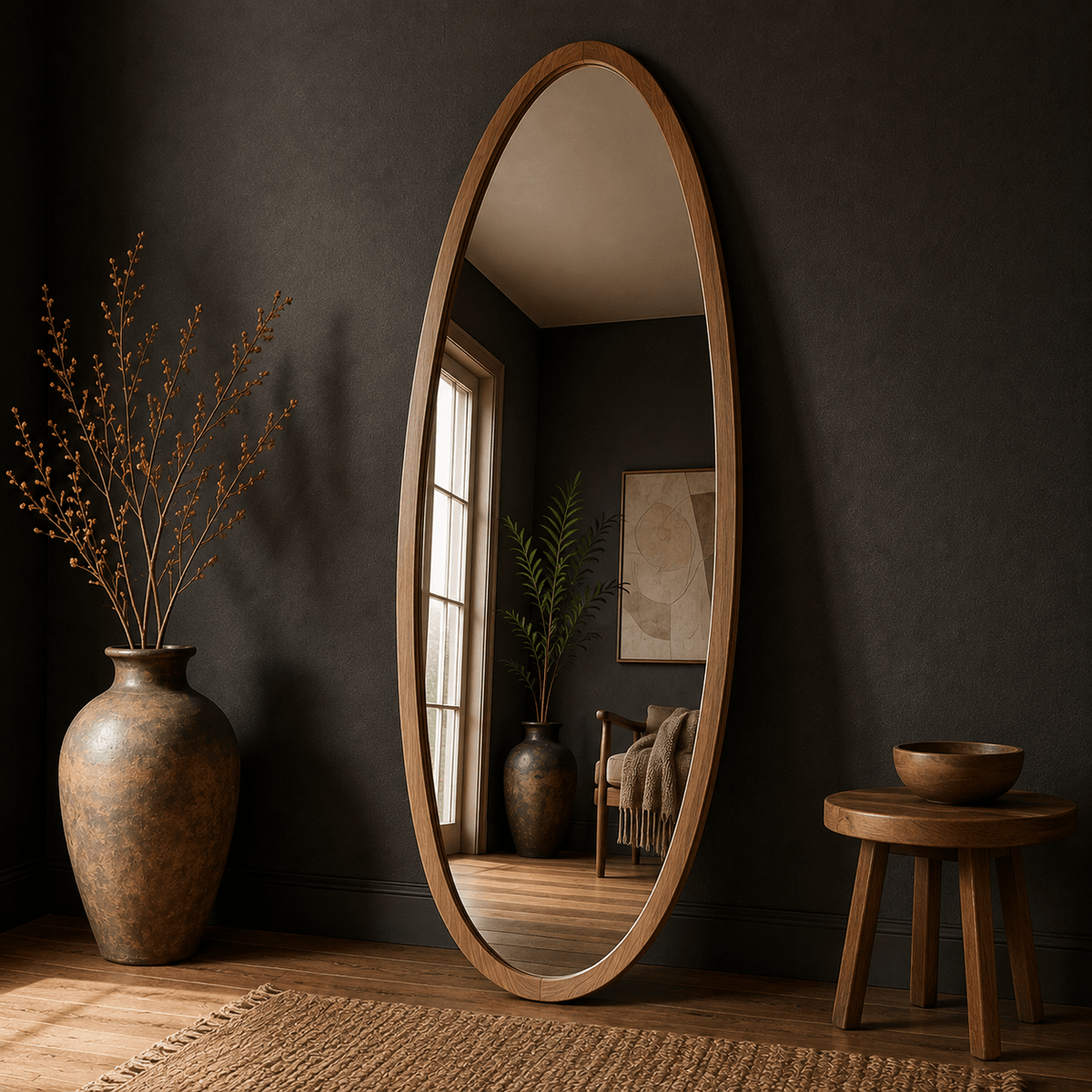 Slim oval full length mirror with minimal wooden frame by Wood Evoke