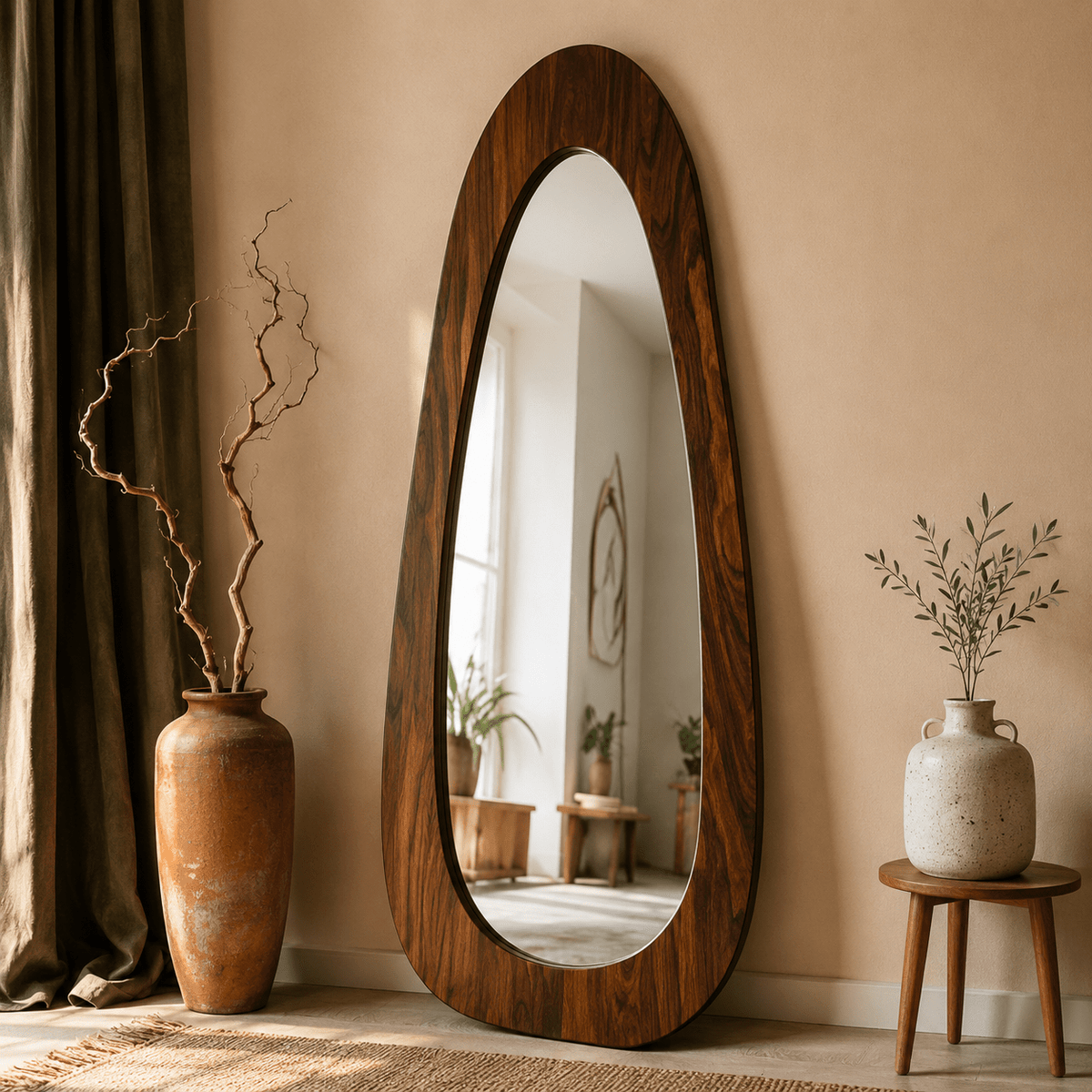 Teardrop wooden floor mirror with organic dark walnut frame by Wood Evoke