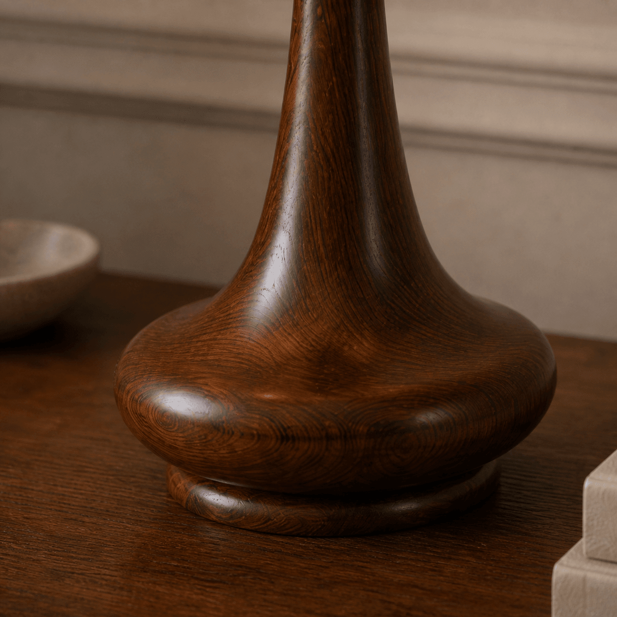 Willow Neck wooden table lamp side view — handcrafted natural wood table lamp Lahore Pakistan