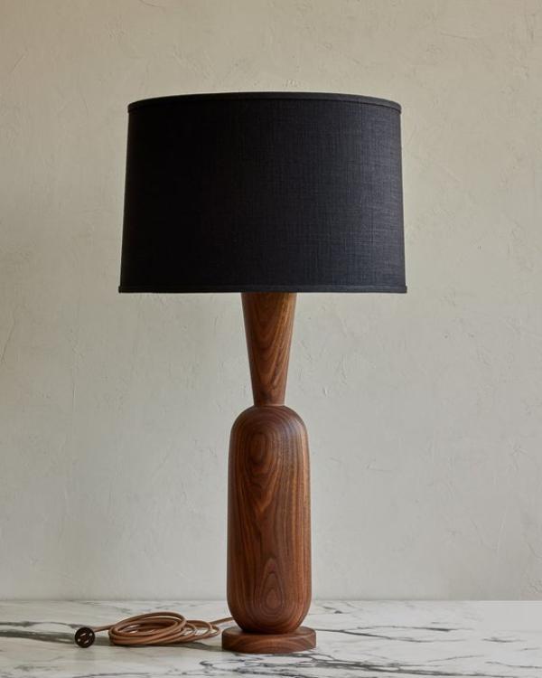 Sleek Wooden Table Lamp with Black Drum Shade – Artisan Handcrafted