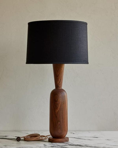 Sleek Wooden Table Lamp with Black Drum Shade – Artisan Handcrafted