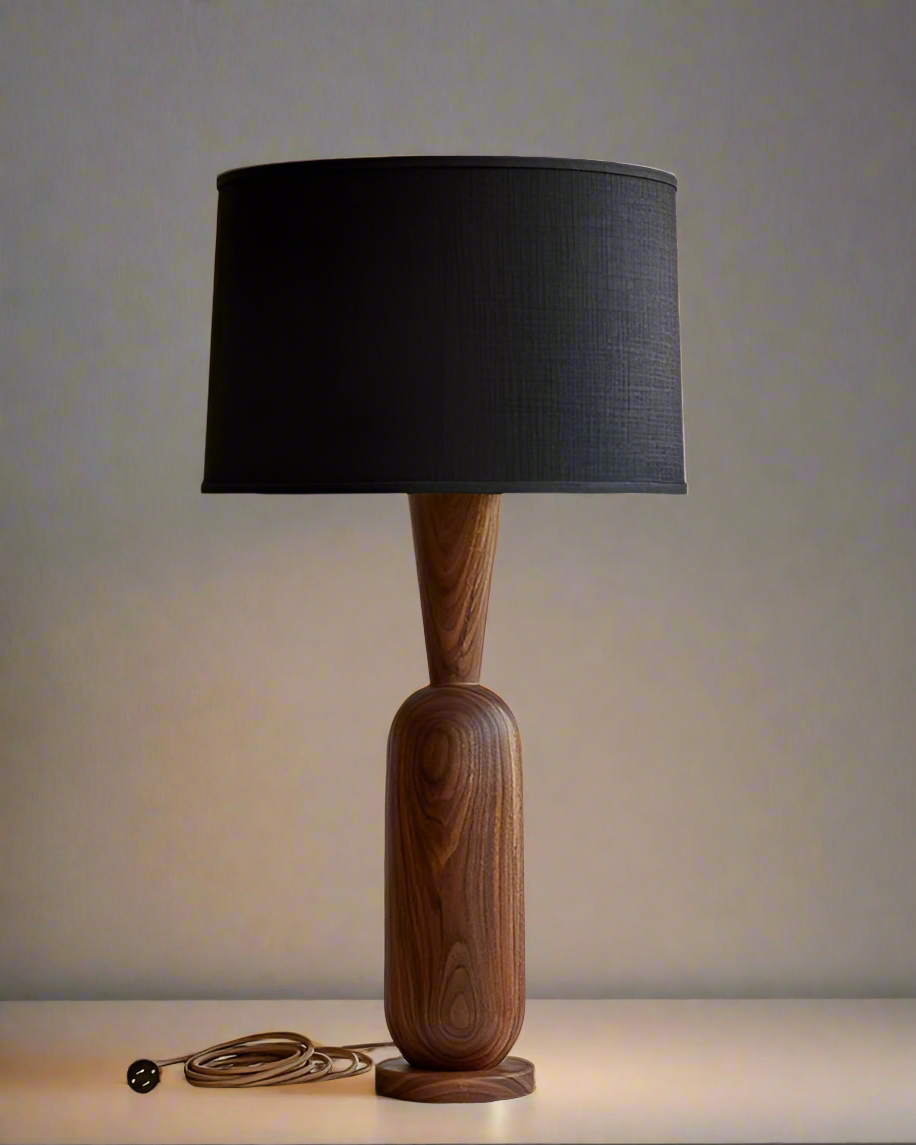 Sleek Wooden Table Lamp with Black Drum Shade – Artisan Handcrafted