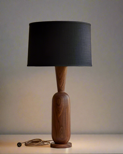 Sleek Wooden Table Lamp with Black Drum Shade – Artisan Handcrafted