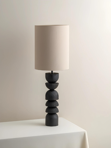 Modern Stacked Black Wood Table Lamp with Tall Linen Shade