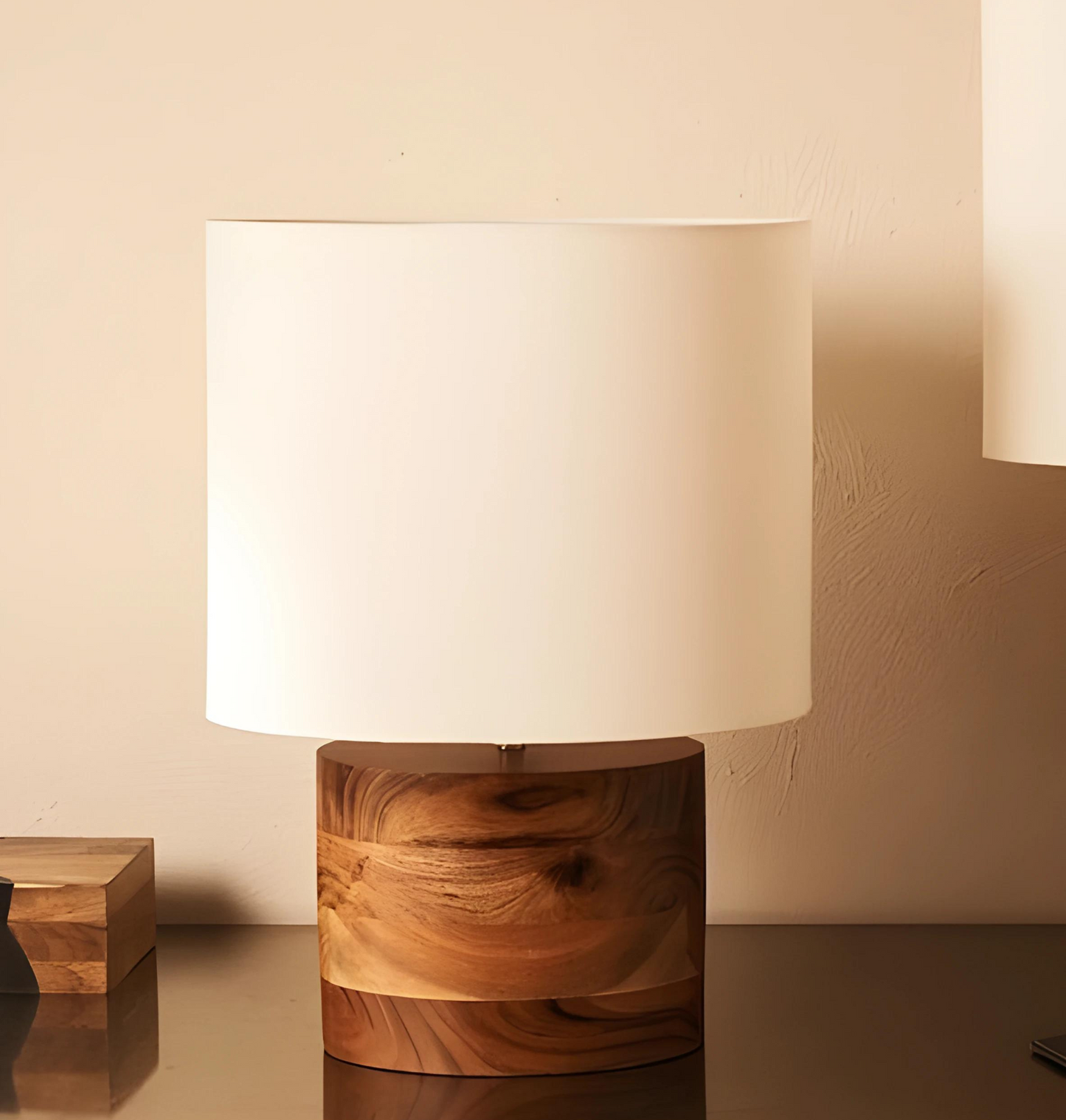 Rustic Wood Cylinder Table Lamp with Drum Shade – Natural Style