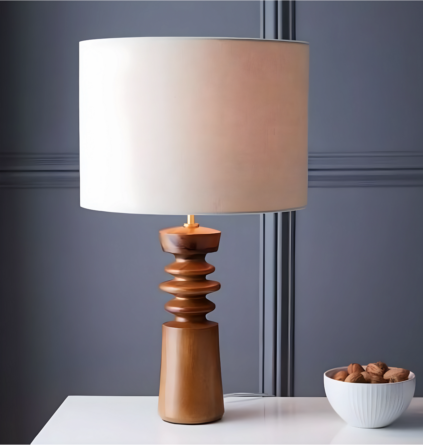 Rustic Red Wood Table Lamp with Linen Drum Shade