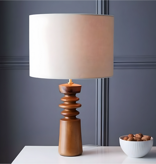 Rustic Red Wood Table Lamp with Linen Drum Shade