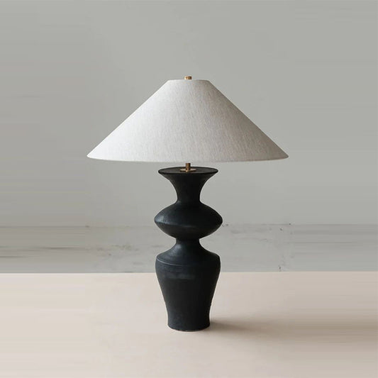 Modern Sculptural Black Wooden Table Lamp with Linen Shade