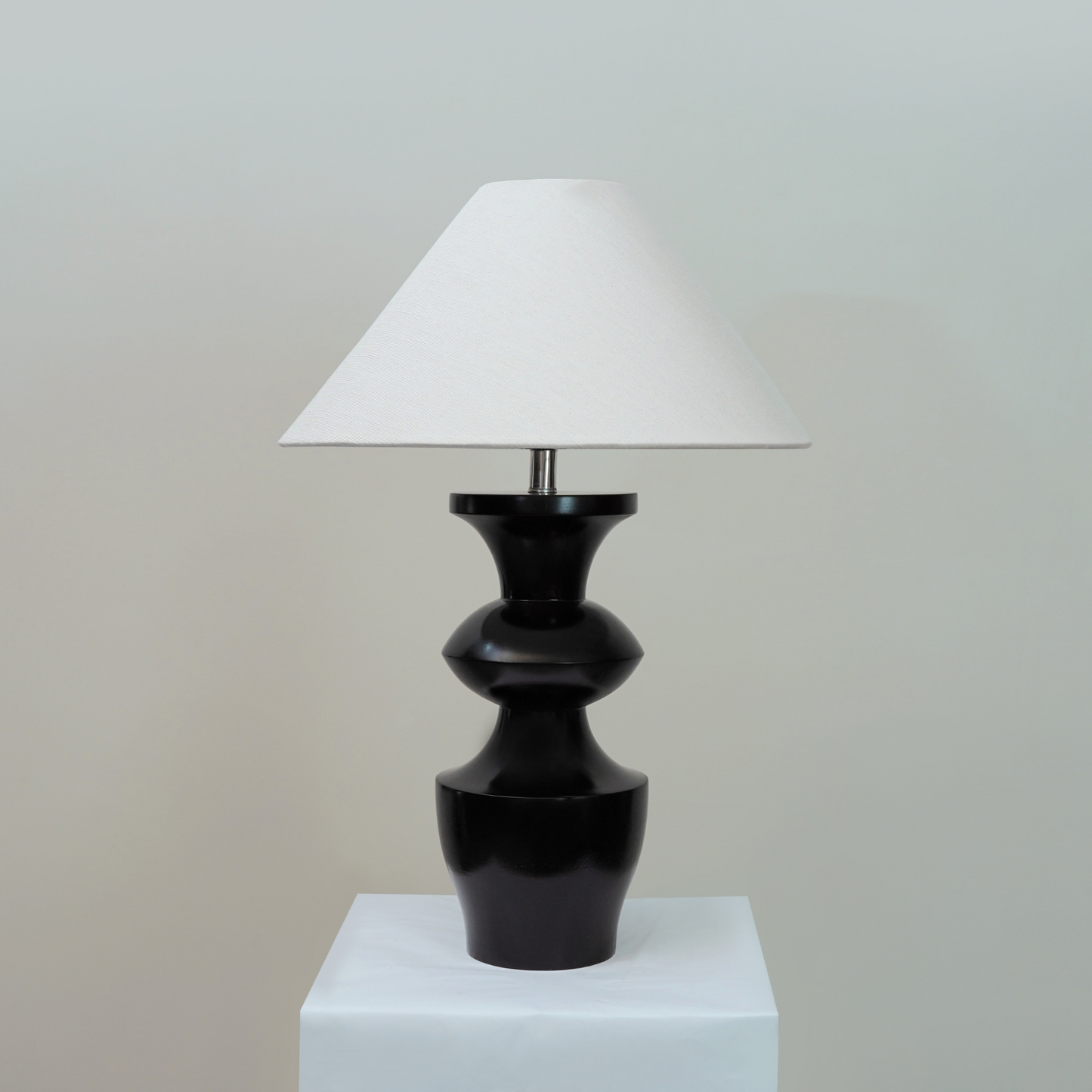 Modern Sculptural Black Wooden Table Lamp with Linen Shade