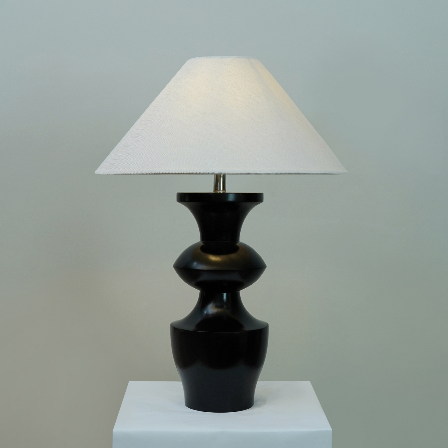 Modern Sculptural Black Wooden Table Lamp with Linen Shade