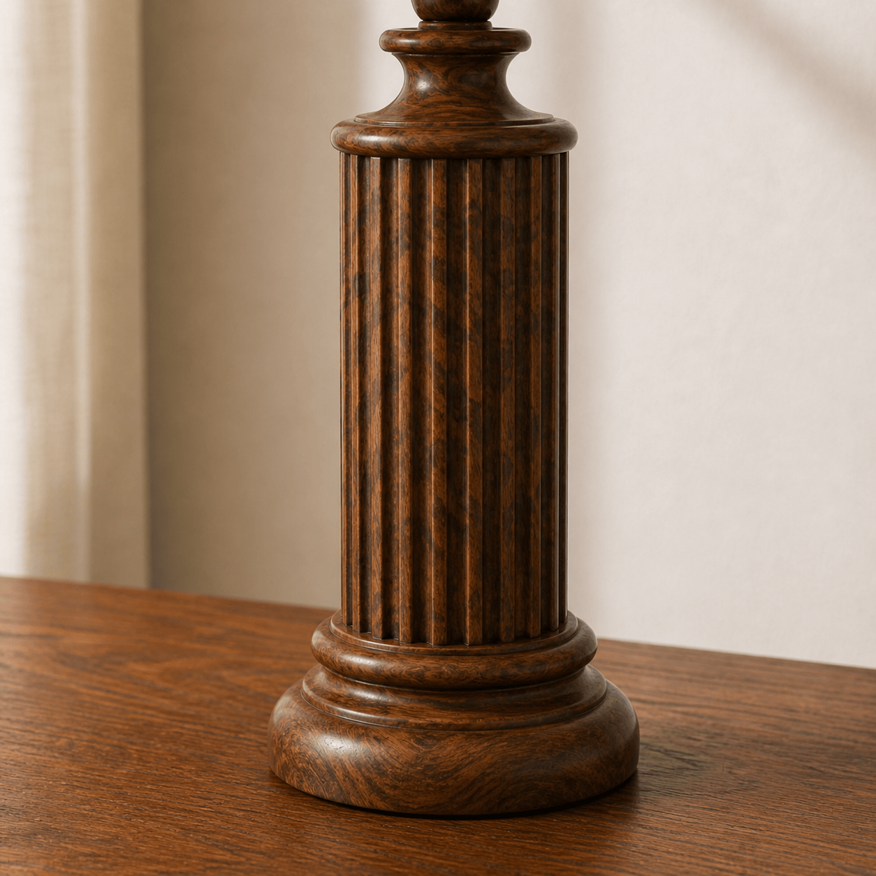 Fluted column wooden table lamp side view — natural solid wood table lamp Lahore Pakistan
