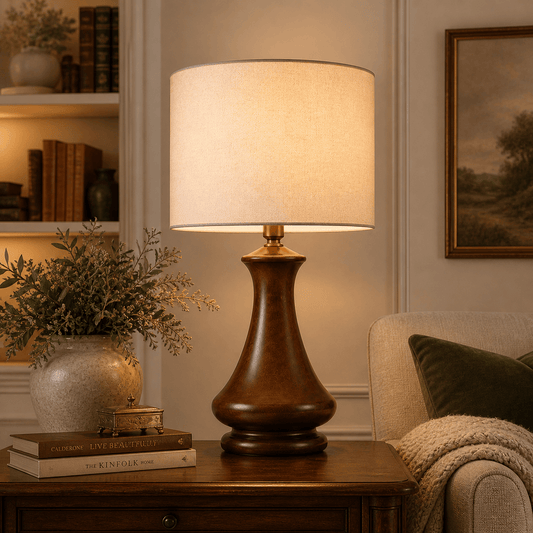 Tapered flare wooden table lamp — minimalist handcrafted solid wood table lamp Wood Evoke Pakistan