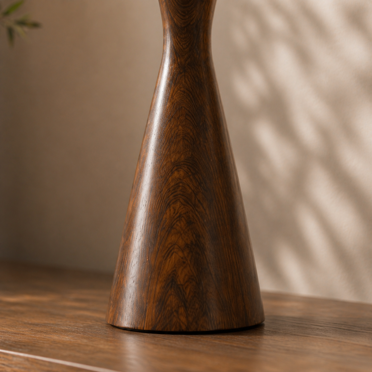 Hourglass wooden table lamp side view — handcrafted natural wood table lamp Lahore Pakistan