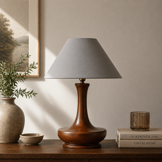 Artisan contour wooden table lamp — handcrafted walnut finish solid wood table lamp Wood Evoke Pakistan