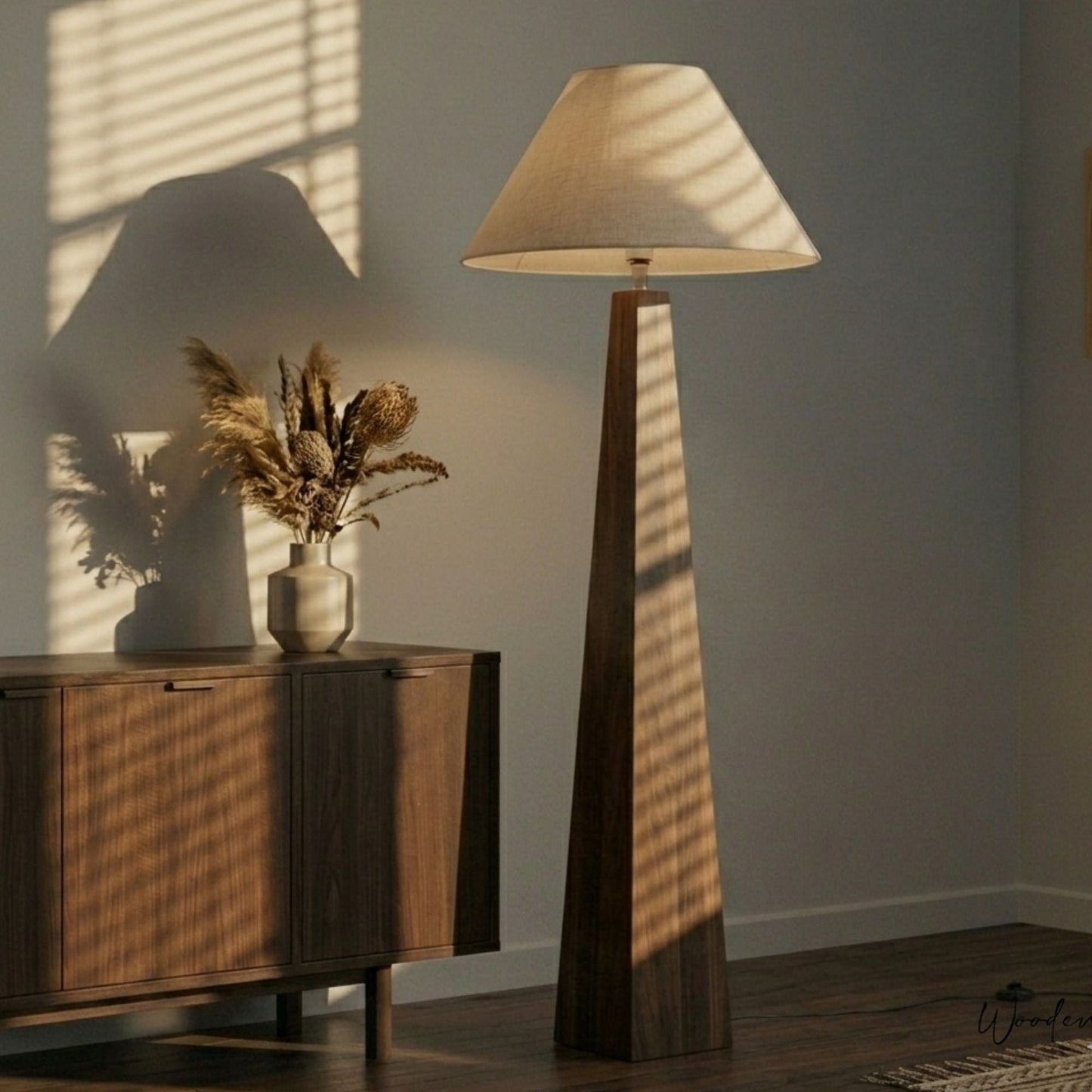 Tapered pyramid wooden floor lamp — solid wood standing light for drawing rooms Wood Evoke Pakistan