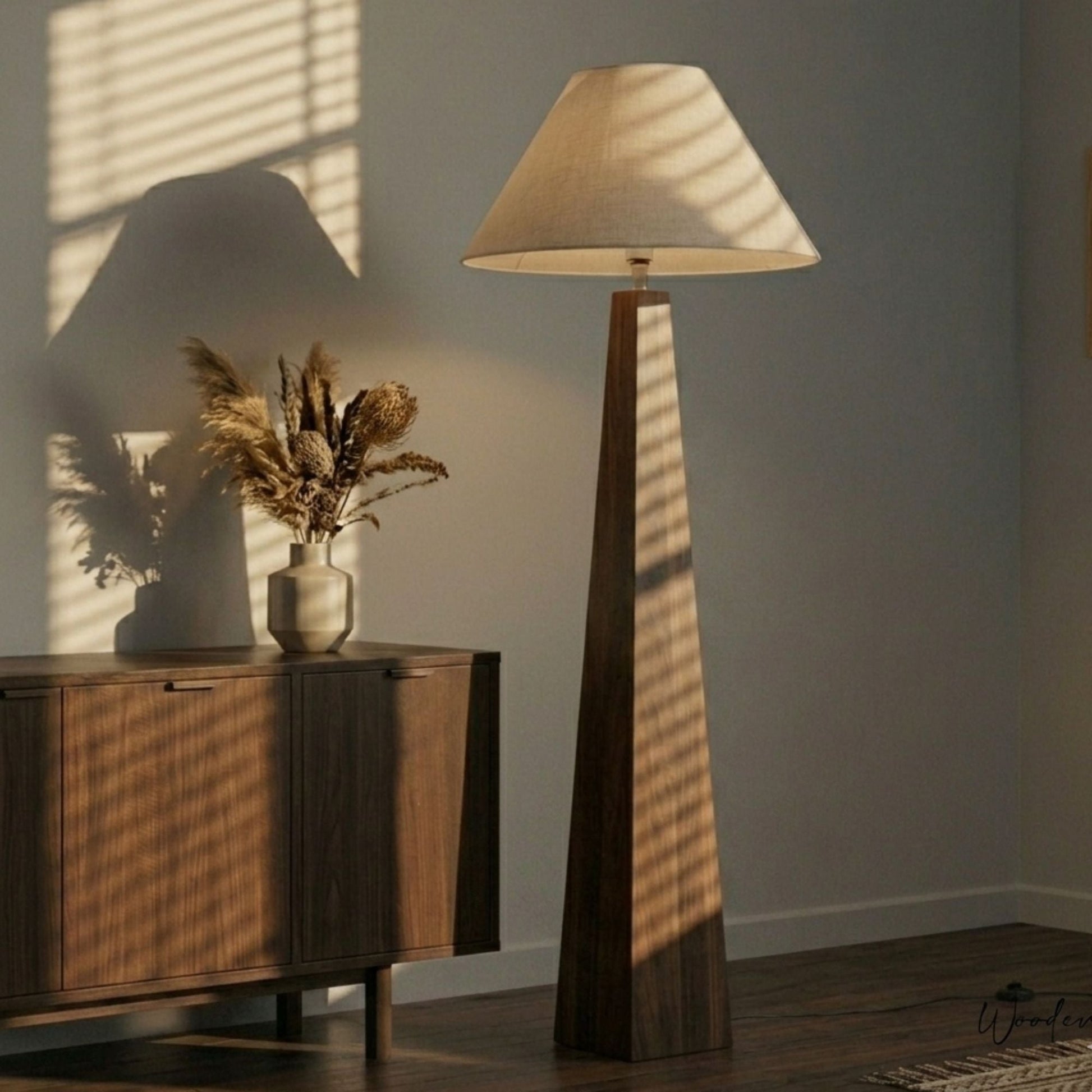 Tapered pyramid wooden floor lamp — solid wood standing light for drawing rooms Wood Evoke Pakistan