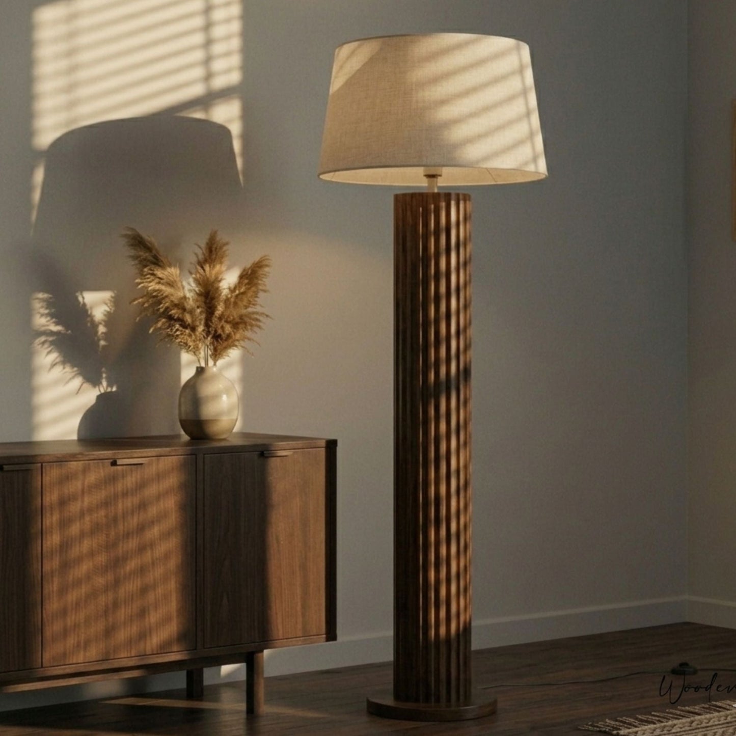 Fluted ribbed wooden floor lamp — premium solid wood standing lamp for drawing rooms Wood Evoke Pakistan