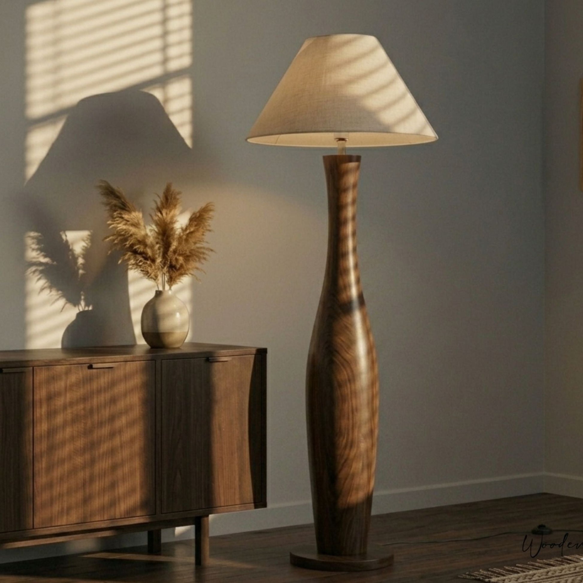 Hourglass wooden floor lamp — natural polish solid wood standing lamp Wood Evoke Pakistan