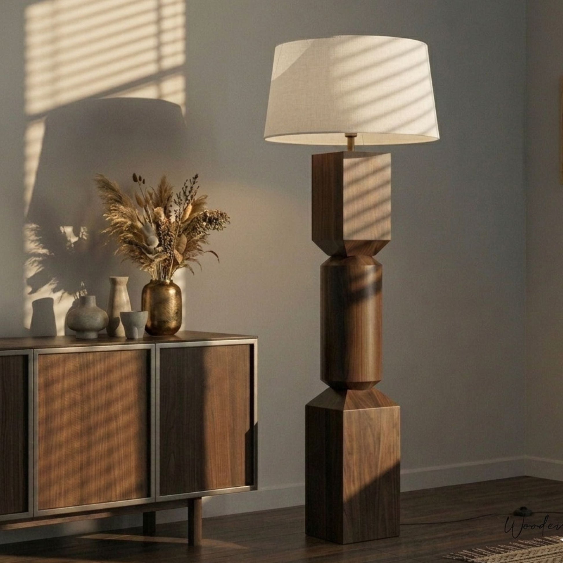 Geometric wooden floor lamp — premium solid wood standing light for drawing rooms Wood Evoke Pakistan