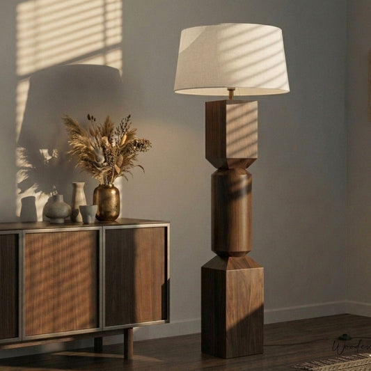 Geometric wooden floor lamp — premium solid wood standing light for drawing rooms Wood Evoke Pakistan