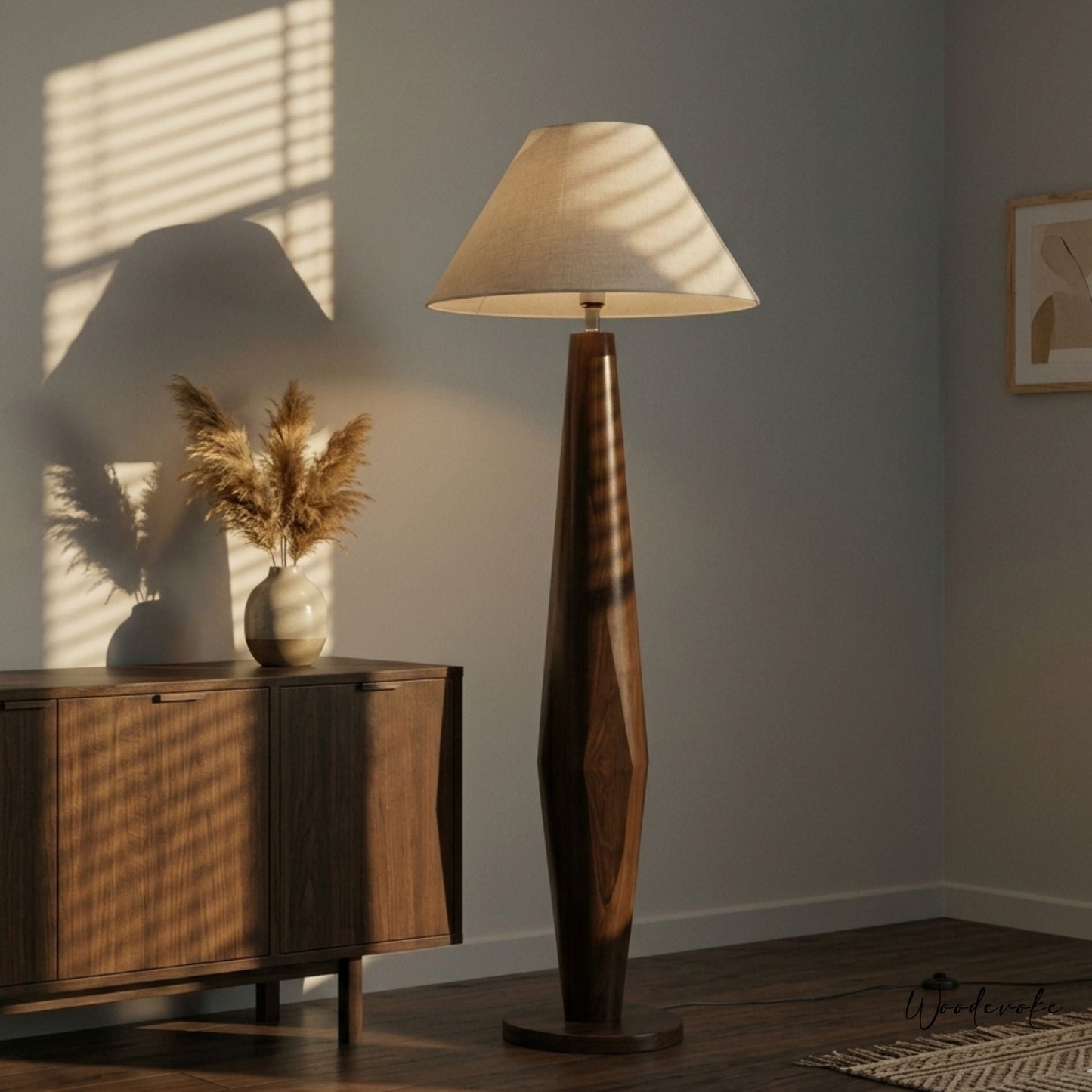 Faceted wooden floor lamp — hand-sanded solid wood standing lamp Wood Evoke Pakistan
