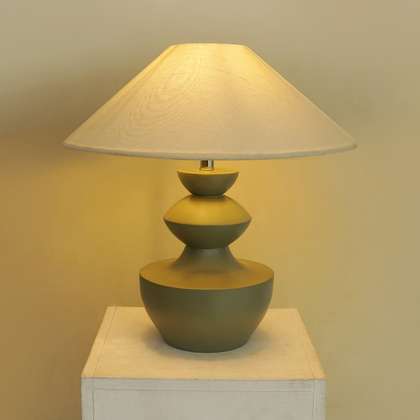 Modern Sage Green Polish Sculpted Wooden Table Lamp with Minimalist Linen Shade