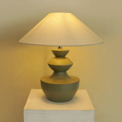 Modern Sage Green Polish Sculpted Wooden Table Lamp with Minimalist Linen Shade