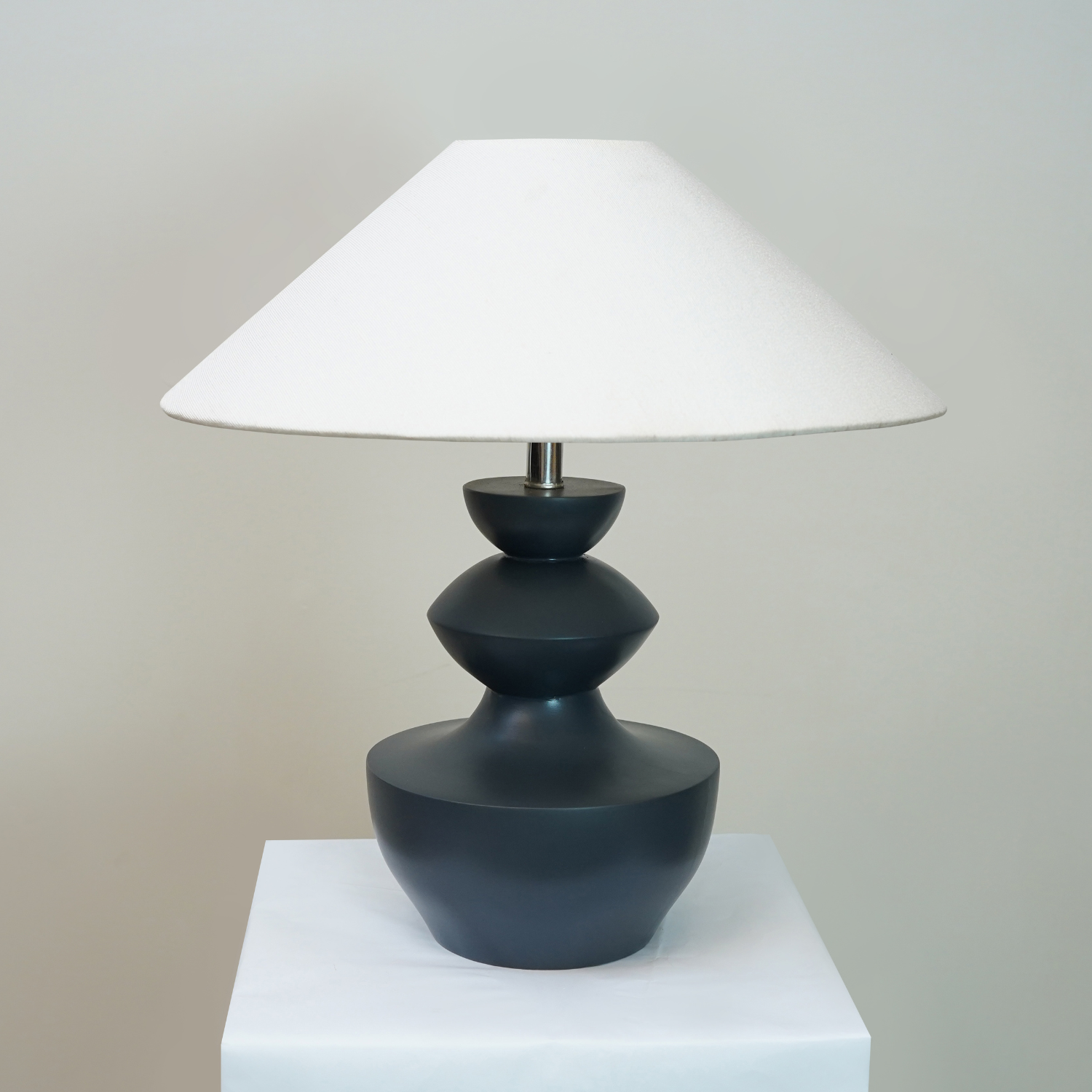 Modern Charcoal Grey Sculpted Wooden Table Lamp with Minimalist Linen Shade