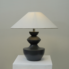 Modern Charcoal Grey Sculpted Wooden Table Lamp with Minimalist Linen Shade