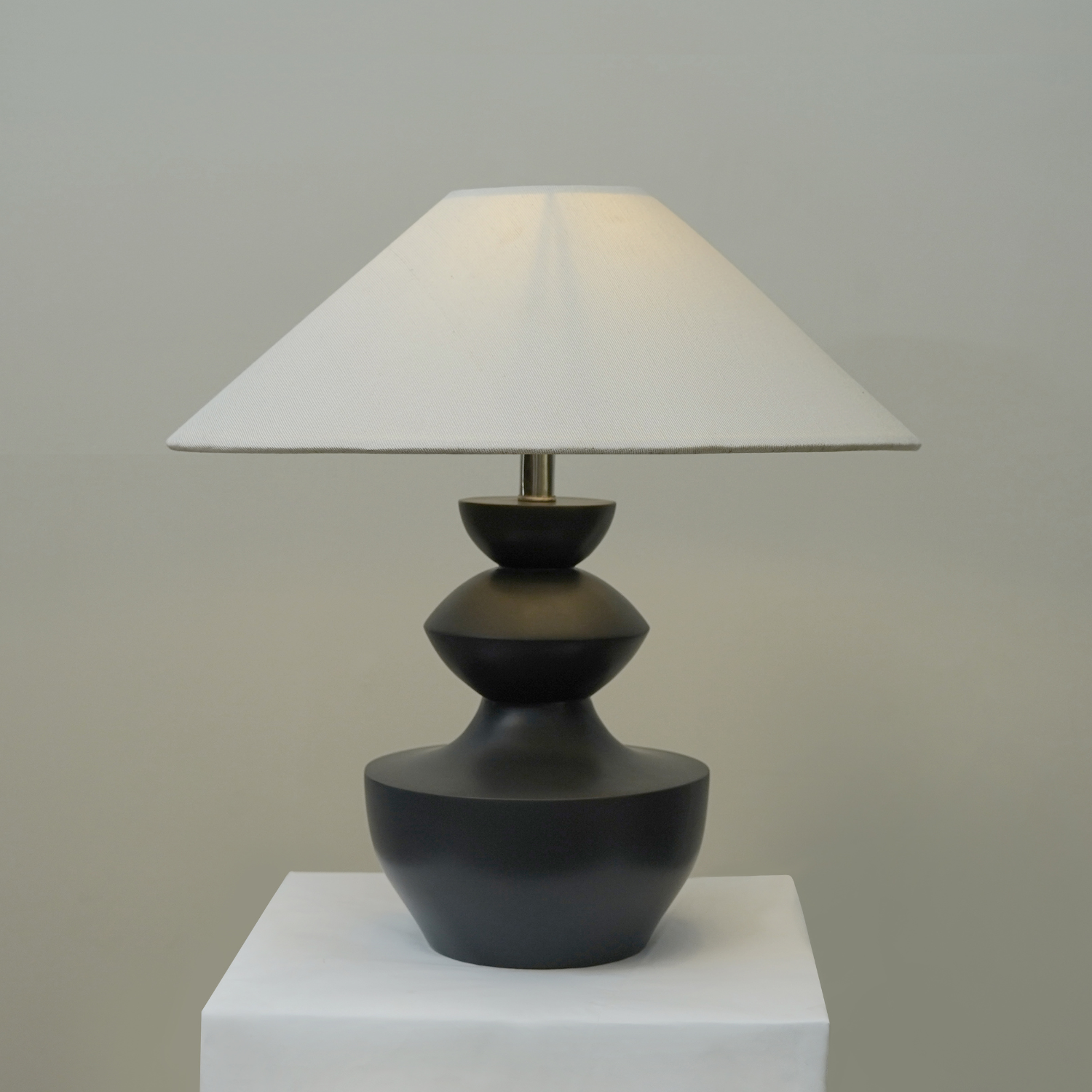 Modern Charcoal Grey Sculpted Wooden Table Lamp with Minimalist Linen Shade