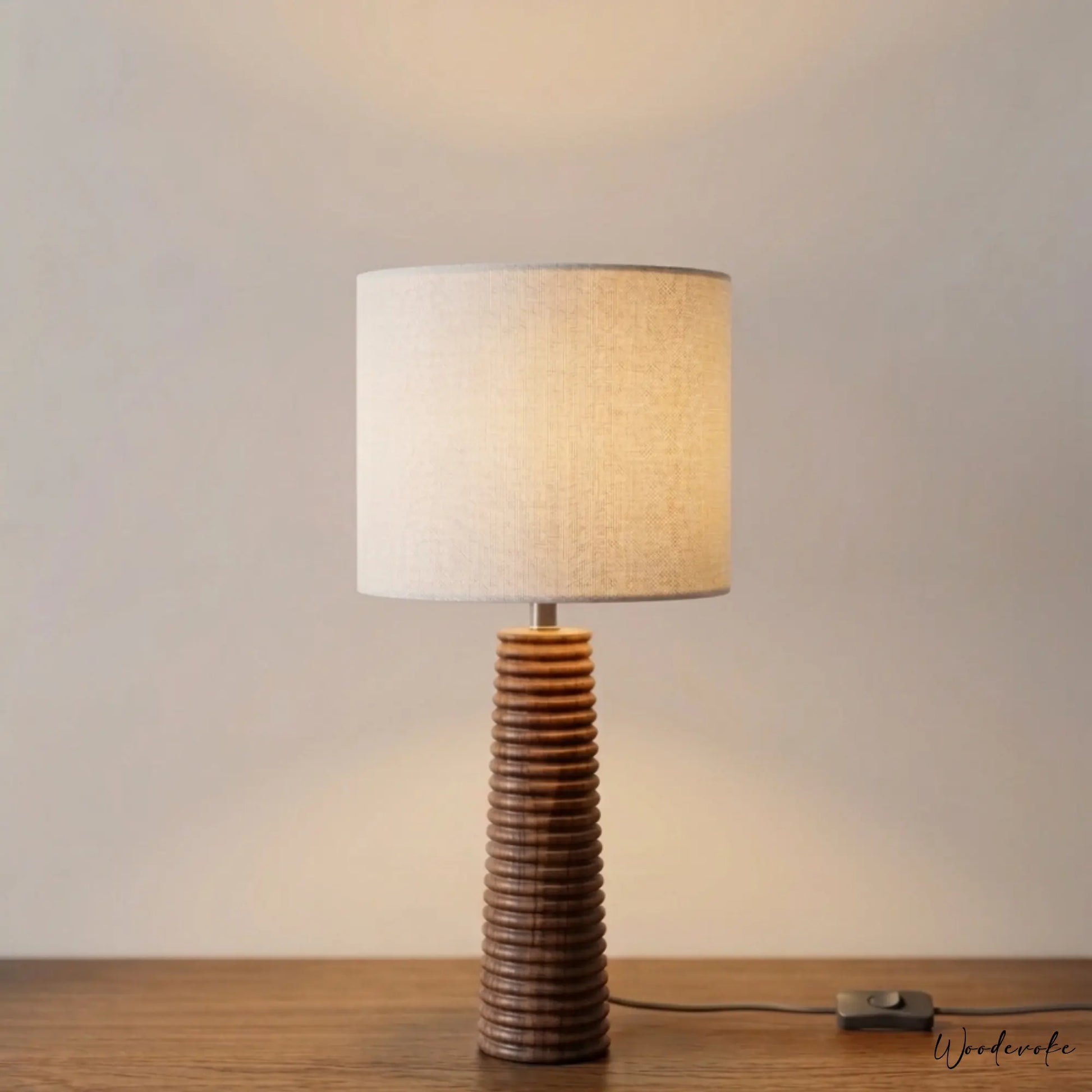 Handcrafted wooden side table lamp with fabric shade — elegant solid wood table lamp Wood Evoke Pakistan