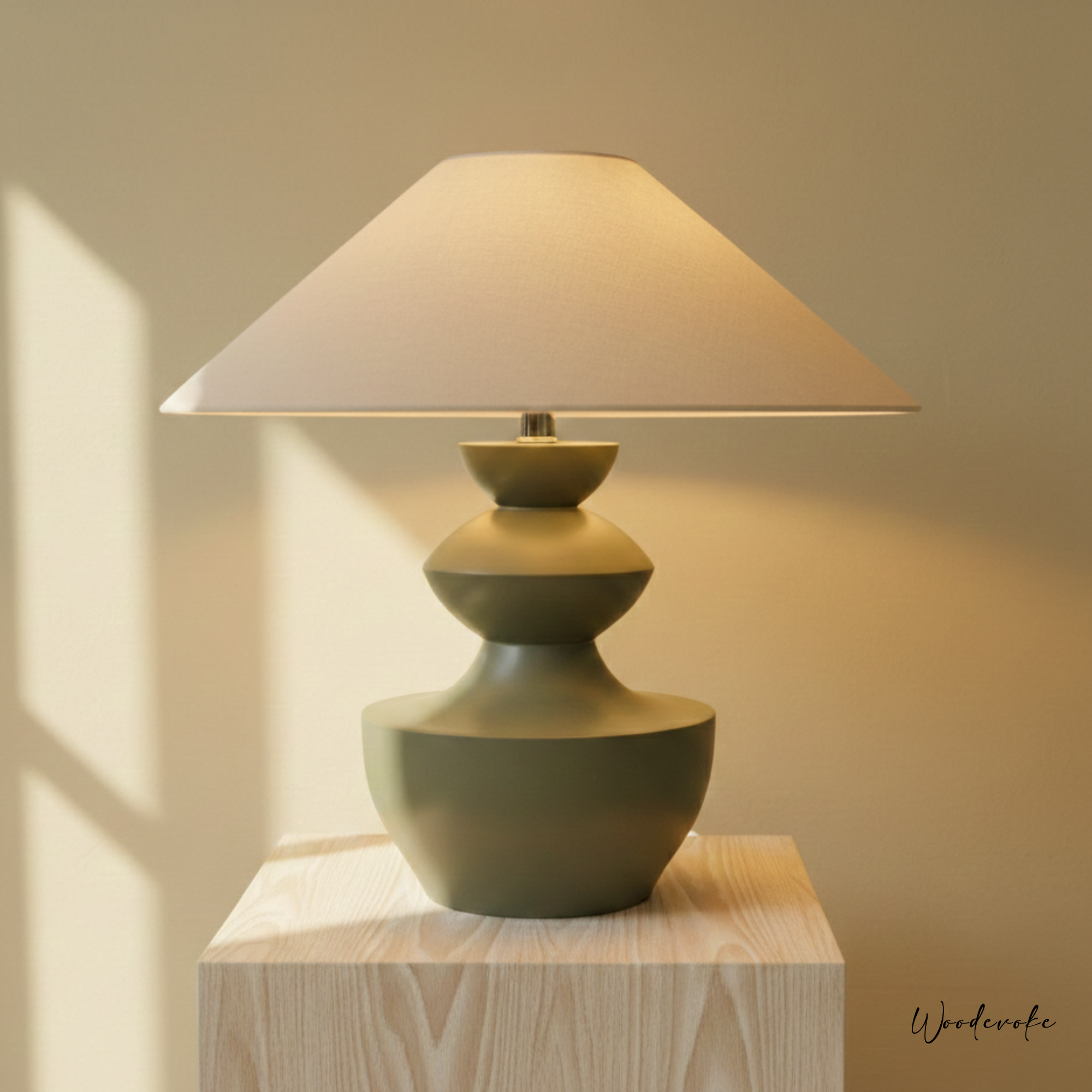 Green table lamp with a Offwhite shade on a wooden surface, soft lighting.