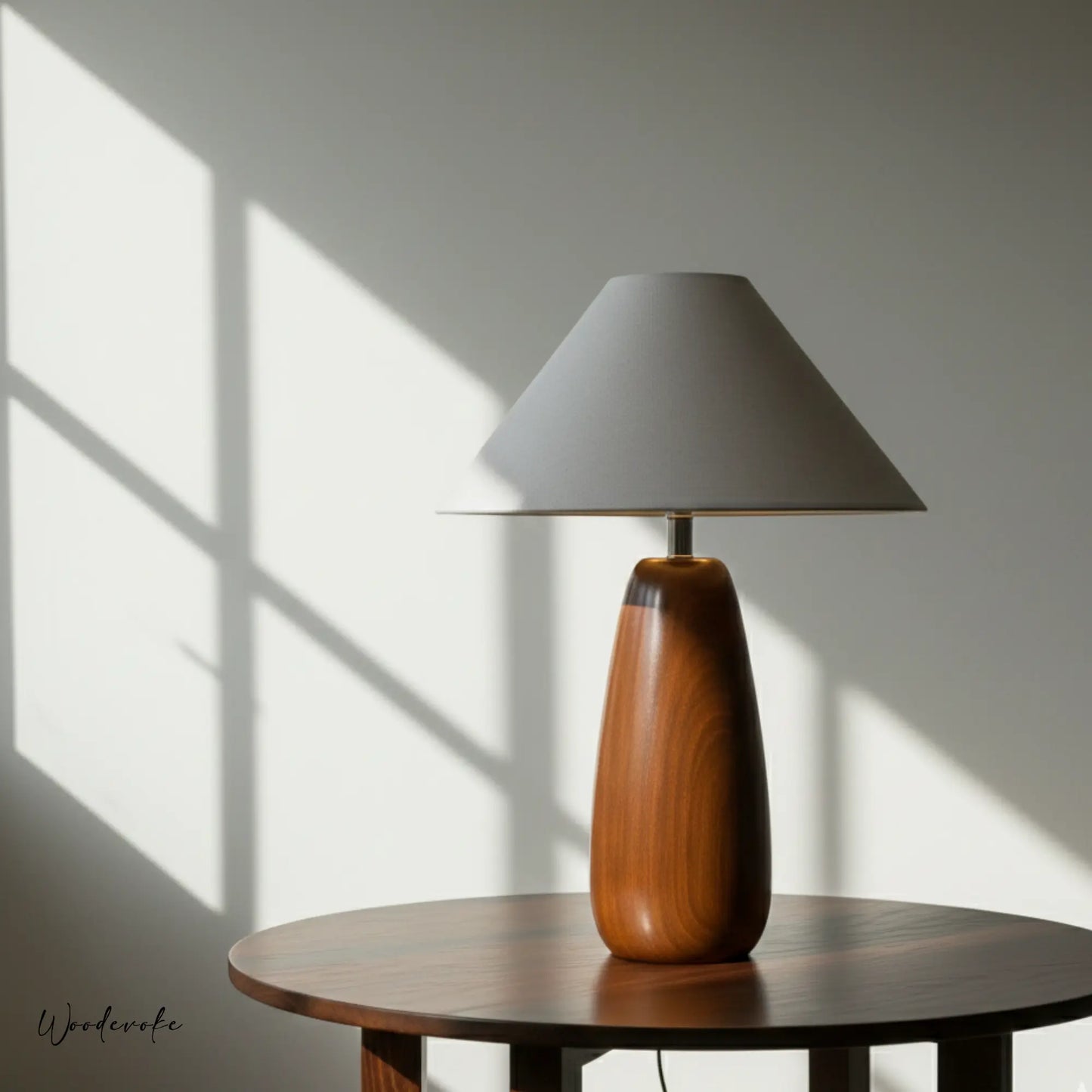 Acacia brown wooden table lamp with linen shade — natural polish solid wood table lamp Wood Evoke Pakistan