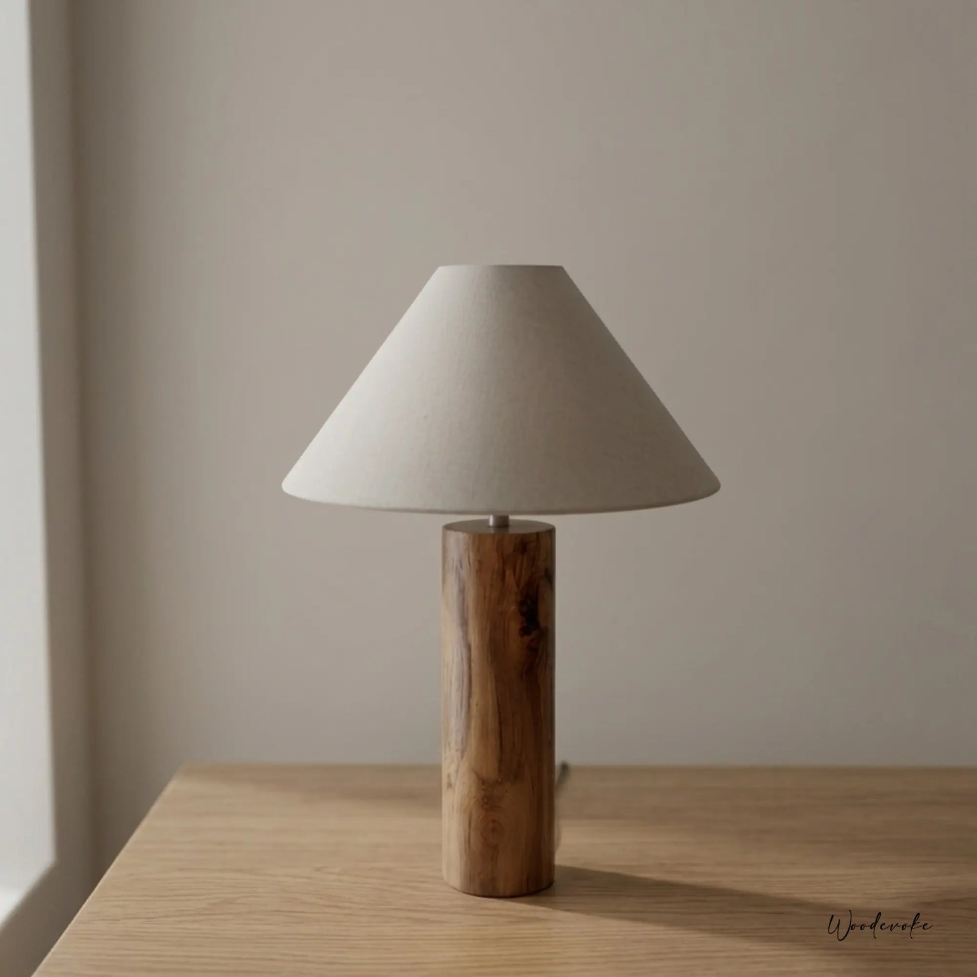 Persian lilac cylinder wooden table lamp with linen shade — minimalist solid wood table lamp Wood Evoke Pakistan