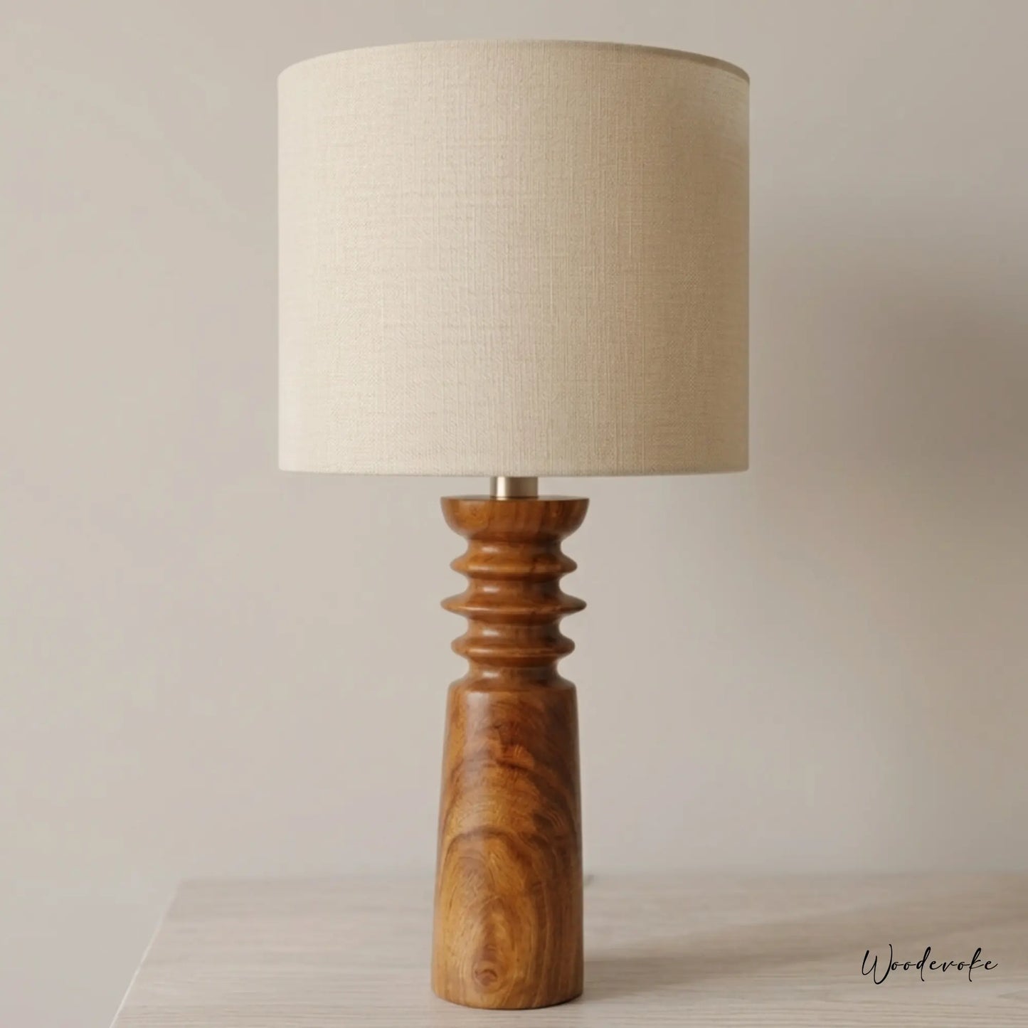 Rustic red wooden table lamp with linen drum shade — handcrafted solid wood table lamp Wood Evoke Pakistan