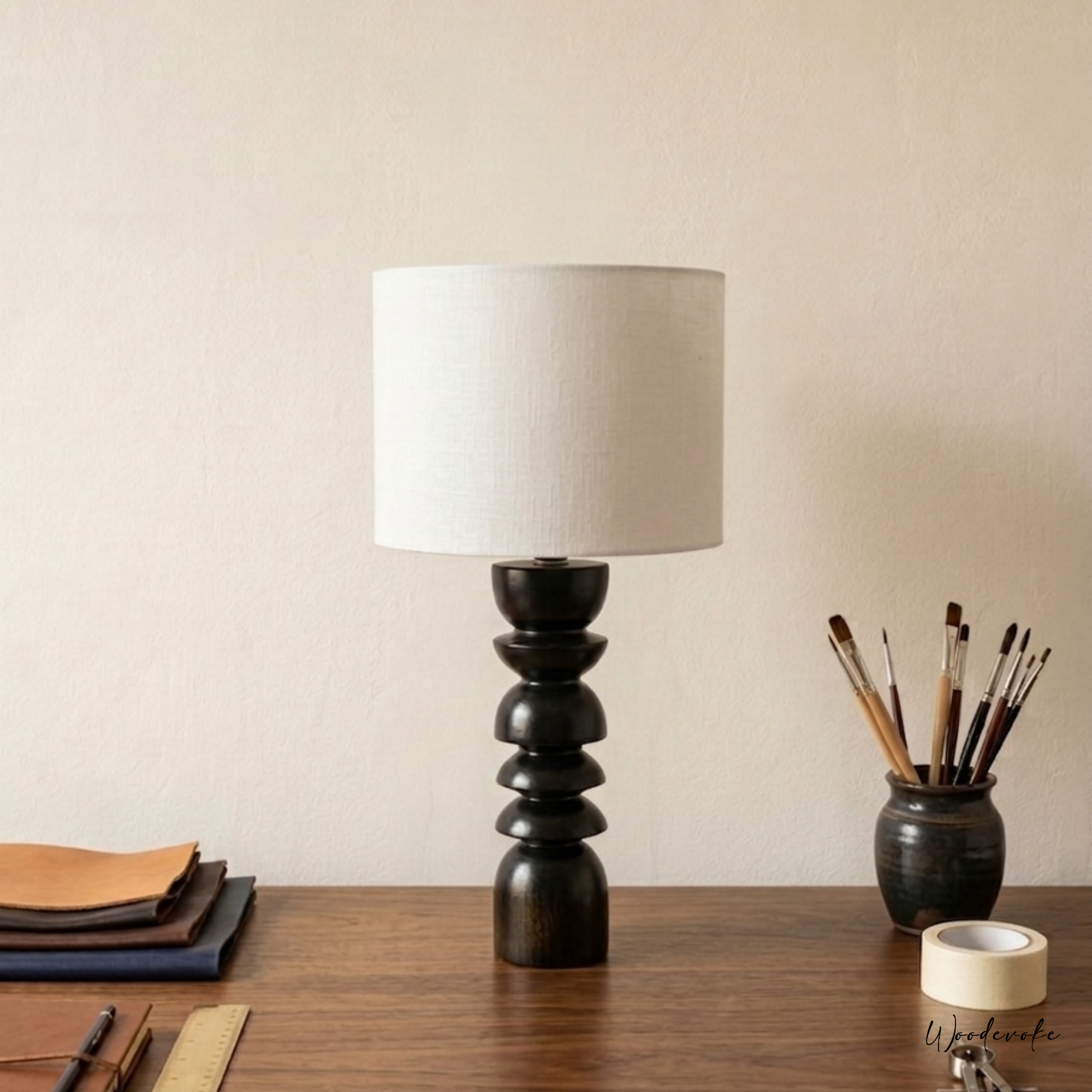Modern Stacked Black Wood Table Lamp with Tall Linen Shade