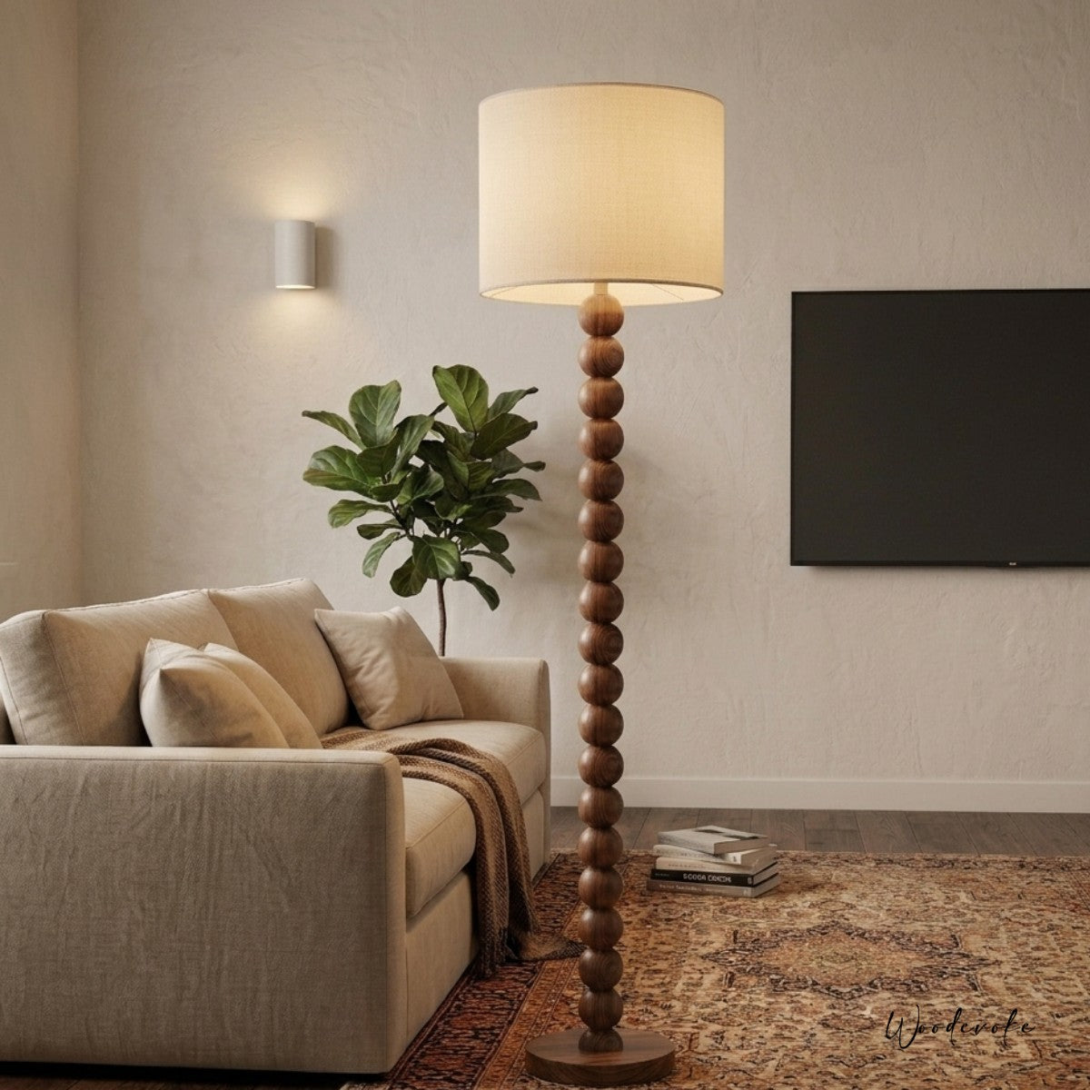 Wood Evoke Living room with a offwhite sofa, wooden floor lamp, and a plant.