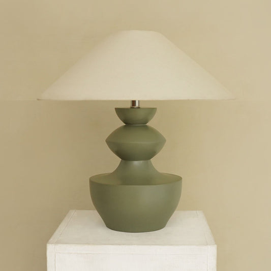 Modern Sage Green Polish Sculpted Wooden Table Lamp with Minimalist Linen Shade