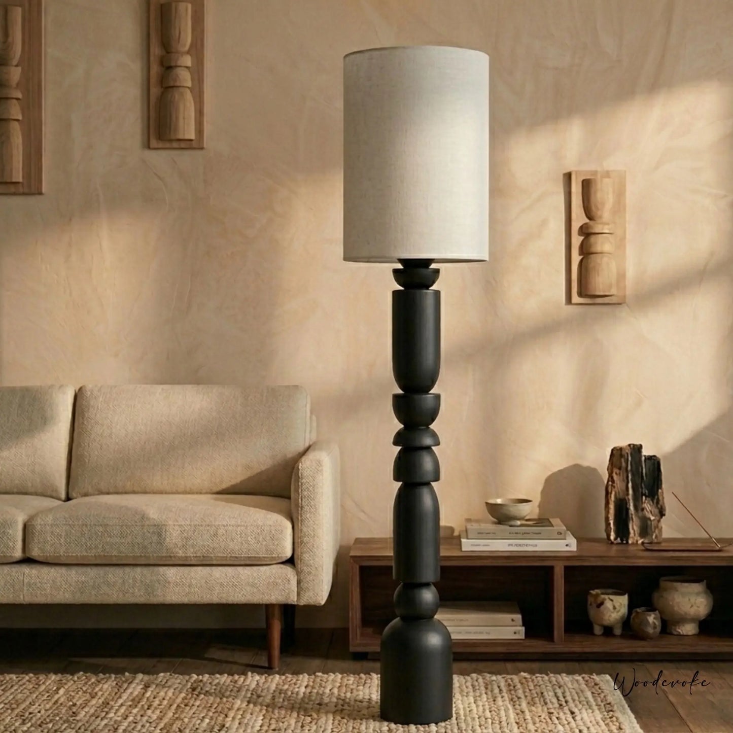 Black totem wooden floor lamp — luxury matte black solid wood floor lamp Wood Evoke Pakistan