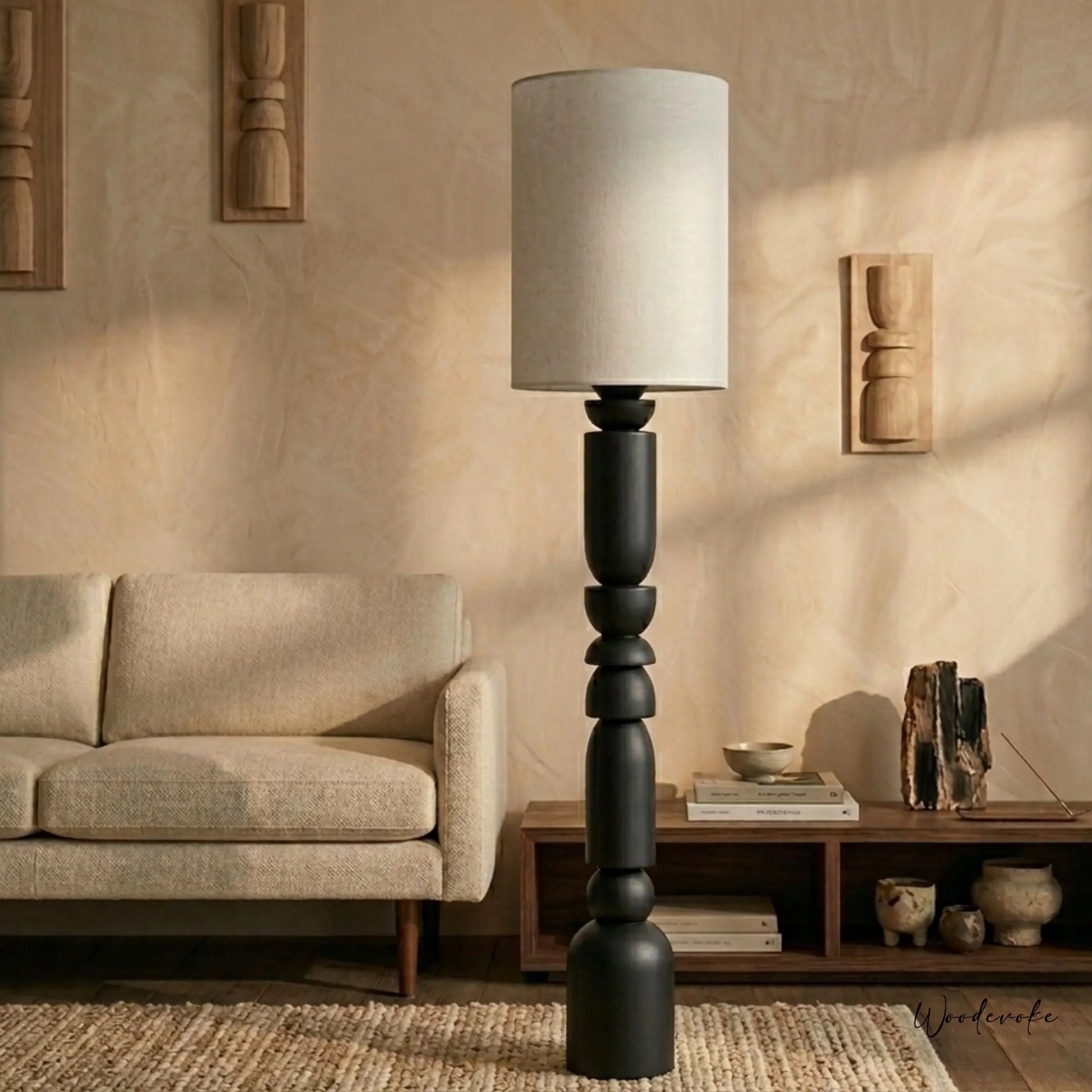 Black totem wooden floor lamp — luxury matte black solid wood floor lamp Wood Evoke Pakistan