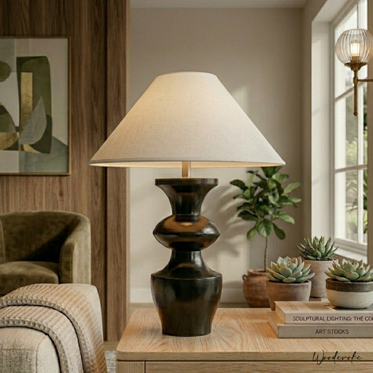 Modern Sculptural Black Wooden Table Lamp with Linen Shade