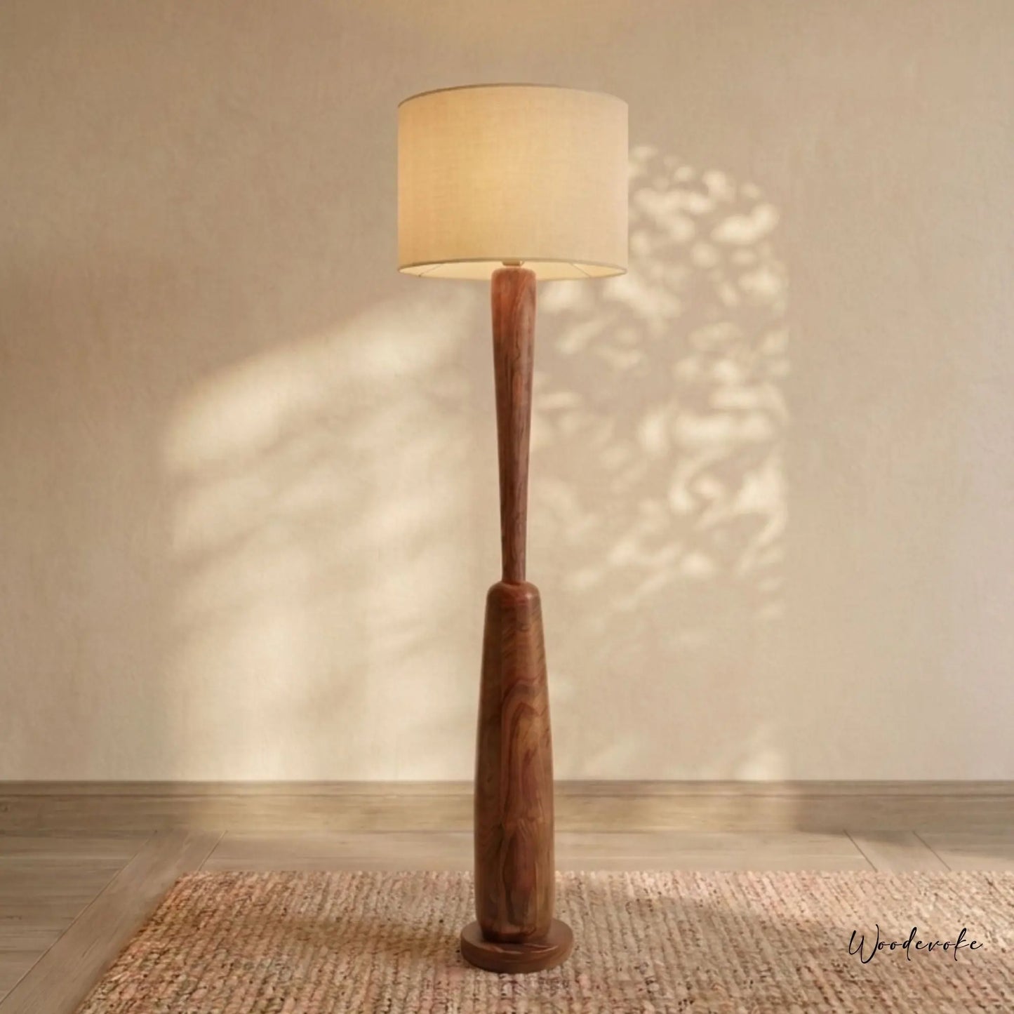 Handmade wooden floor lamp with fabric shade — natural solid wood standing floor lamp Wood Evoke Pakistan