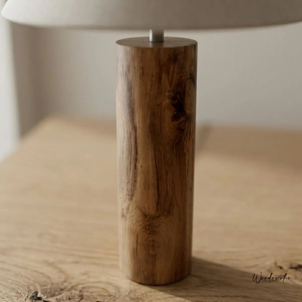 Lilac wooden table lamp lifestyle shot — natural wood cylinder lamp with soft fabric shade Wood Evoke